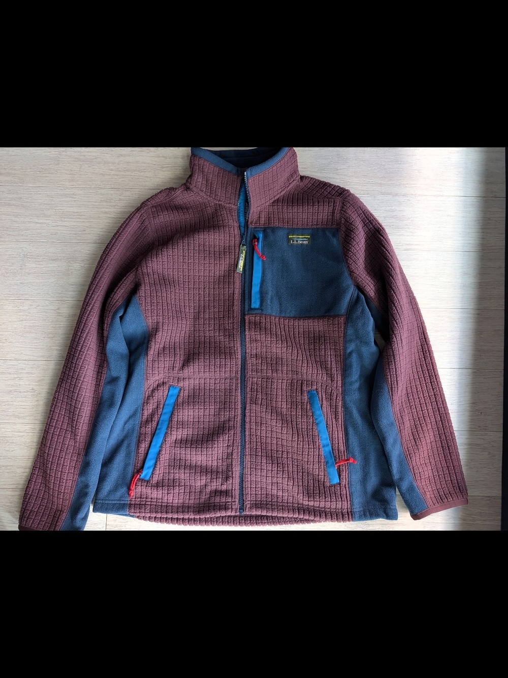 L.L. Bean Grid Fleece Jacket in Burgundy and Navy with Blue Trim